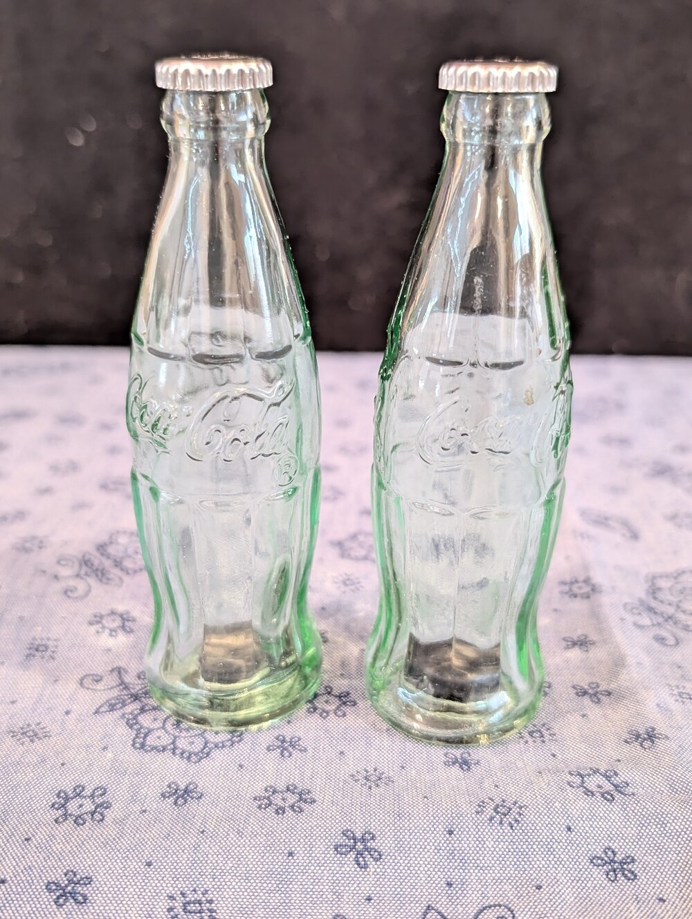 Coca-Cola Salt & Pepper Shakers Light Green Glass Soda Bottles with Silver Caps